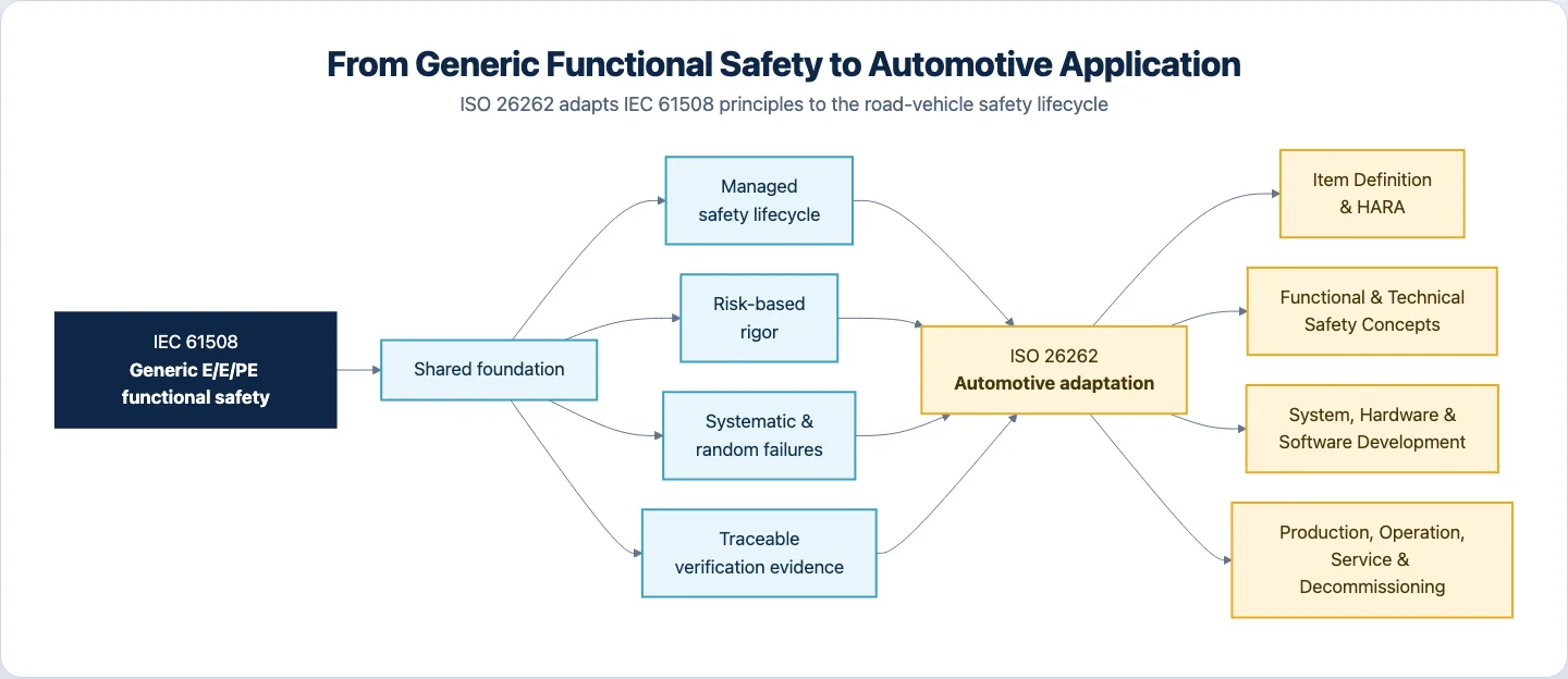 Diagram showing IEC 61508 as a generic functional-safety foundation adapted by ISO 26262 into an automotive safety lifecycle.