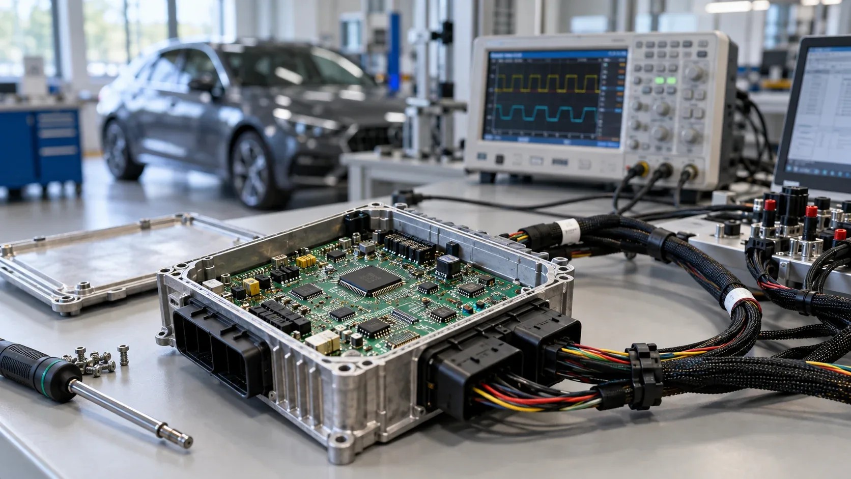 AI-generated illustration of an open automotive ECU, wiring harness and oscilloscope on a vehicle development bench.