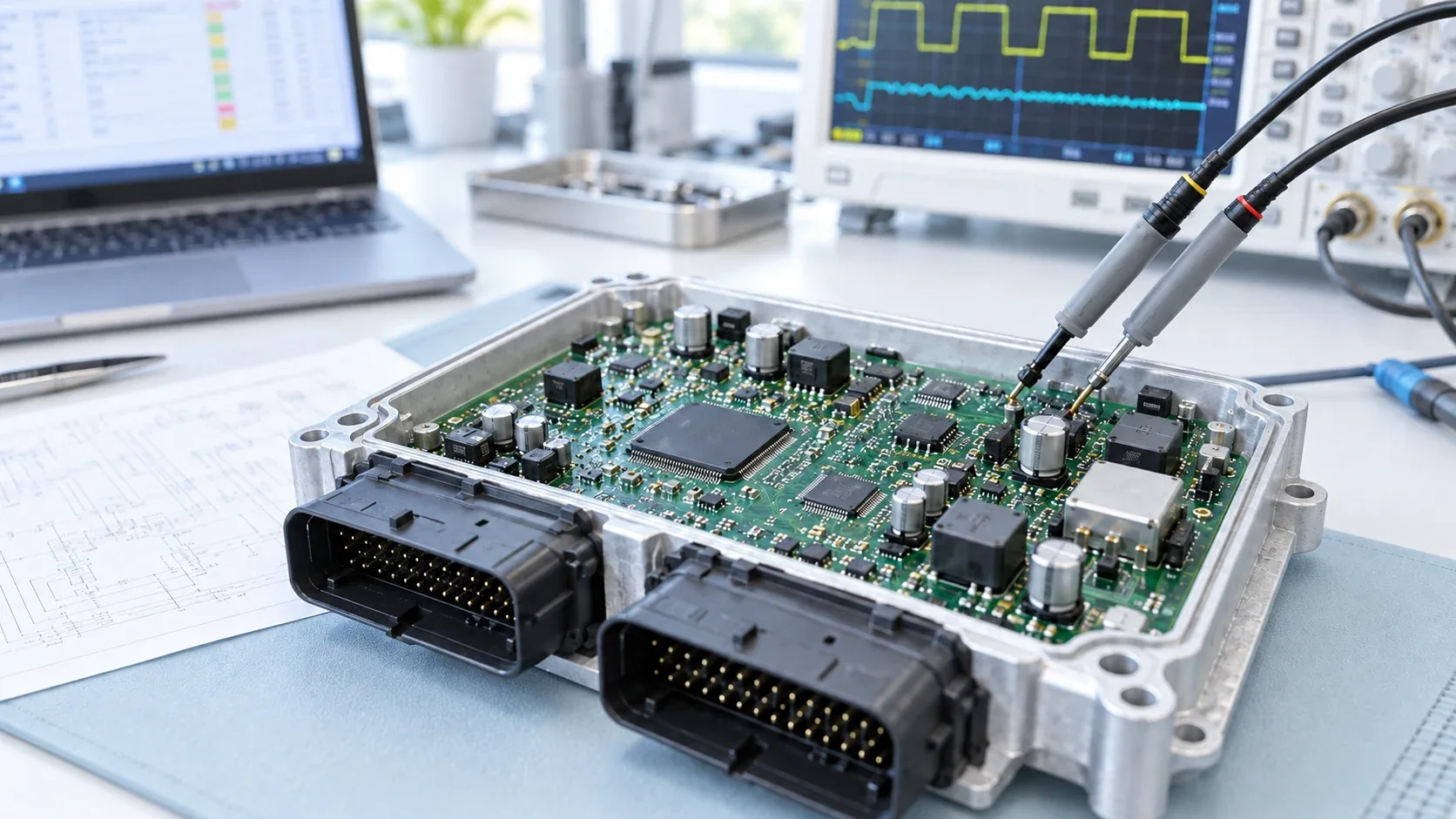 AI-generated illustration of an automotive ECU on an electronics test bench, with oscilloscope probes, a schematic and an analysis screen.