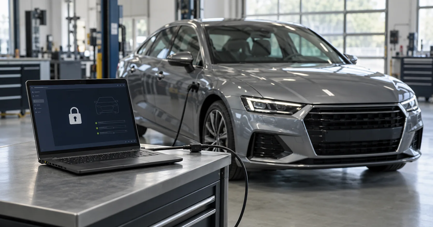 A laptop showing a padlock on a diagnostic screen, cabled to an unbadged grey saloon in a workshop: the diagnostic port as one of the vehicle's attack surfaces.